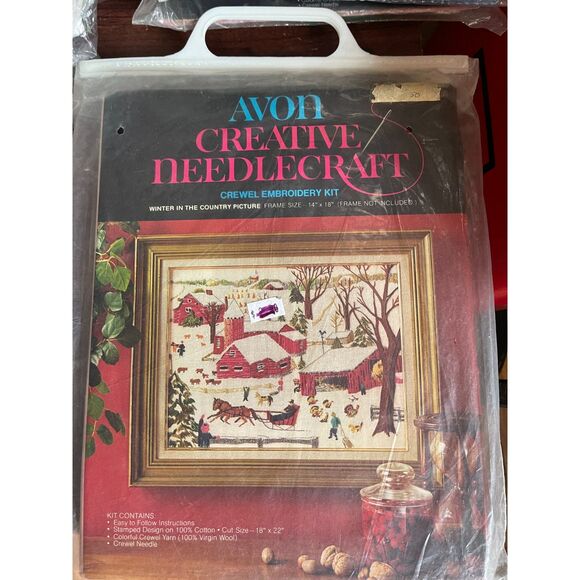 Vtg Avon Crewel Embroidery Kit Winter in the Country 14x18 NEW 1974 Christmas - Picture 1 of 6
